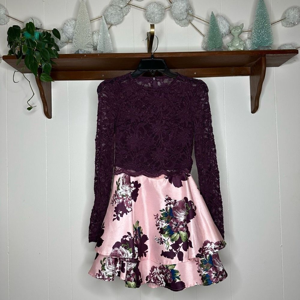 Jodi Kristopher Women's Floral Lace Long Sleeve Fit & Flare Mini Dress Size 1